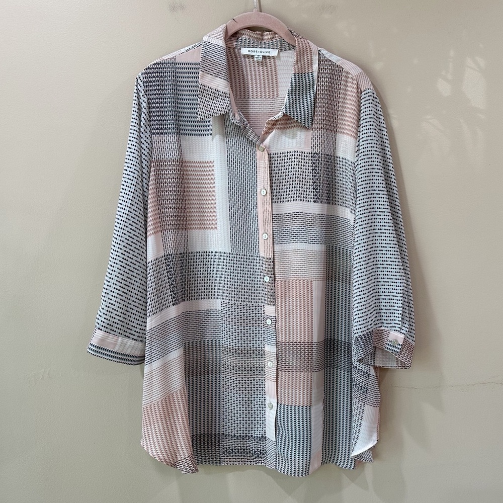 Rose + Olive Pink Geometric Patchwork Blouse Button Up 3/4 Sleeve Top Blouse 1X